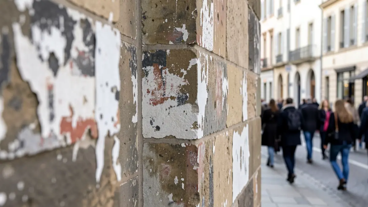 Detalle de una pared urbana con restos de pintura y deterioro.