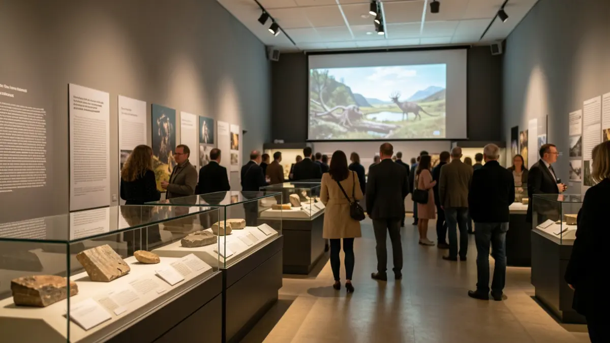 Generic image of a museum exhibition hall with a projection screen.