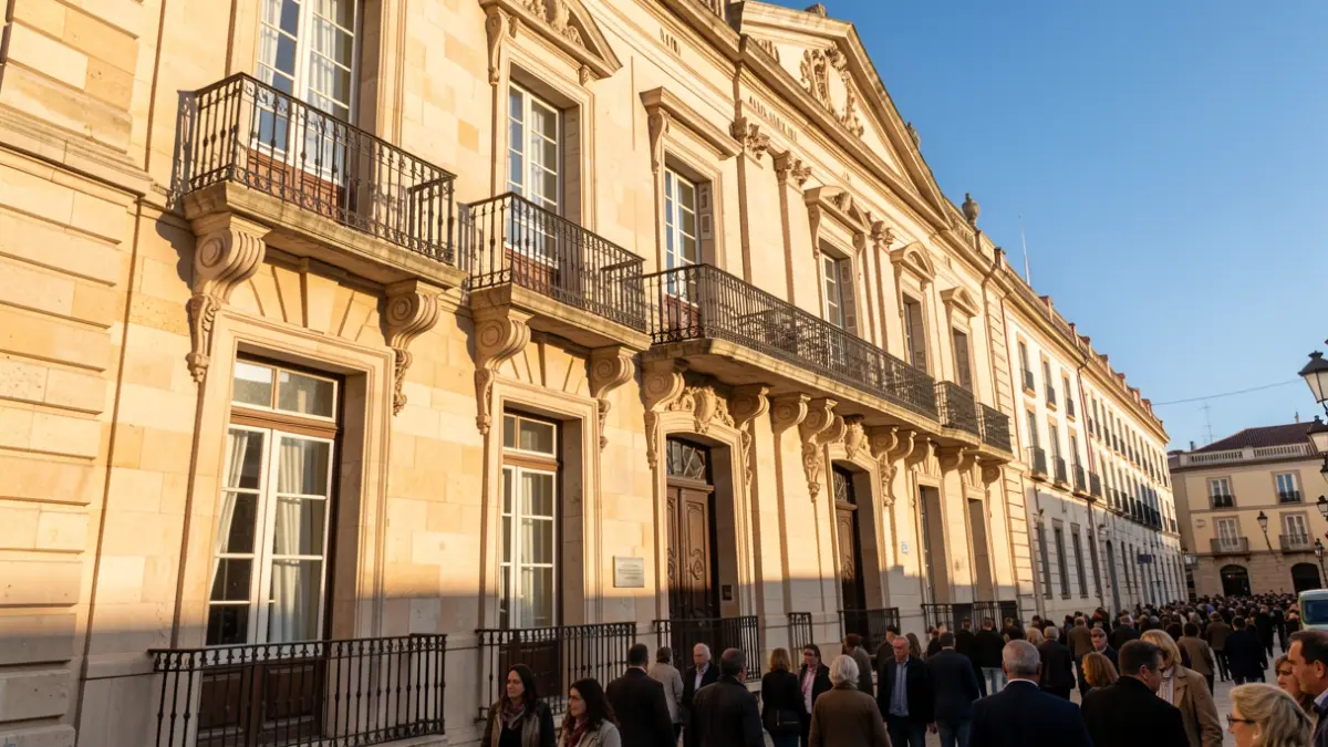 Facade of a town hall in the Community of Madrid with a balcony and iron railings, warm afternoon light.