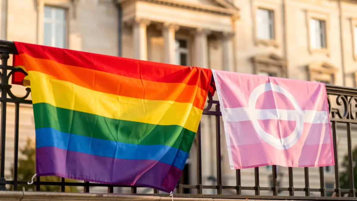 Rainbow and trans flags hanging from the balcony of the Municipal Groups Building of the Madrid City Council.