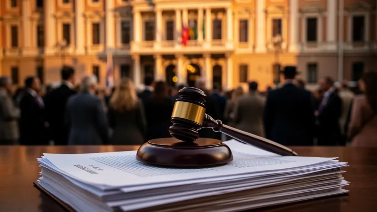 Close-up of a judge's gavel on official documents with the Congress of Deputies blurred in the background.