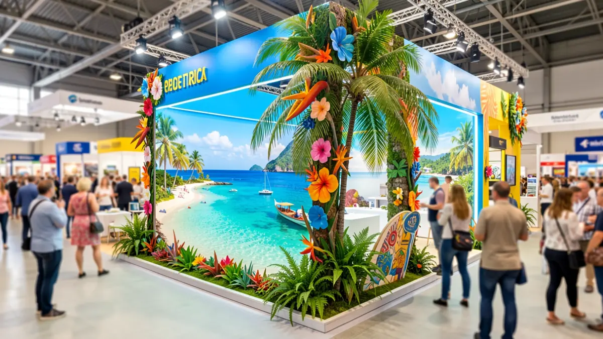 Stand promocional de Puerto Rico en una feria de turismo internacional.