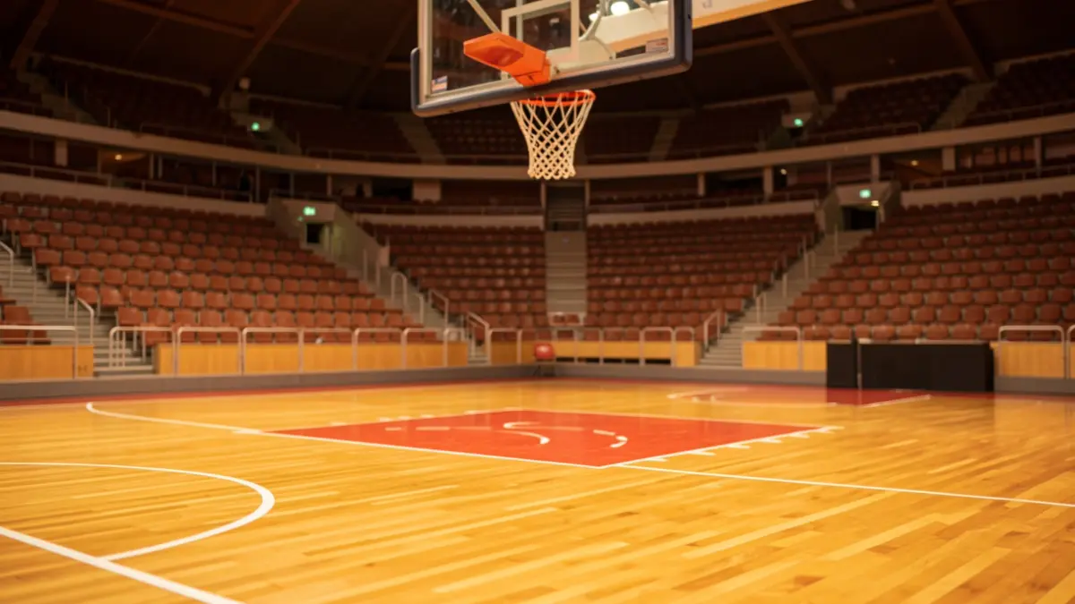 Basketball court in a sports arena.