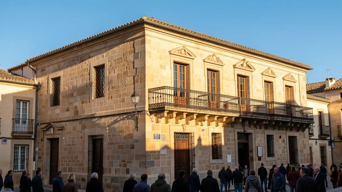 Facade of a traditional stone town hall with a balcony and iron railings, under the warm afternoon sun.