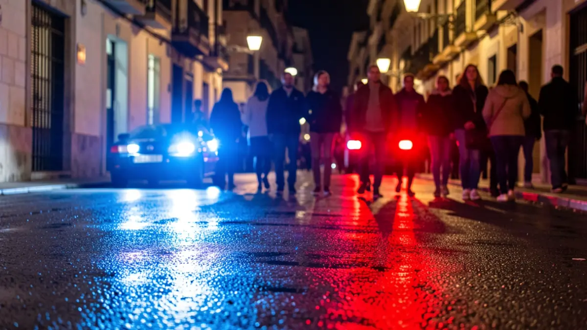 Imagen genérica de luces de emergencia policiales reflejándose en el asfalto mojado por la noche.