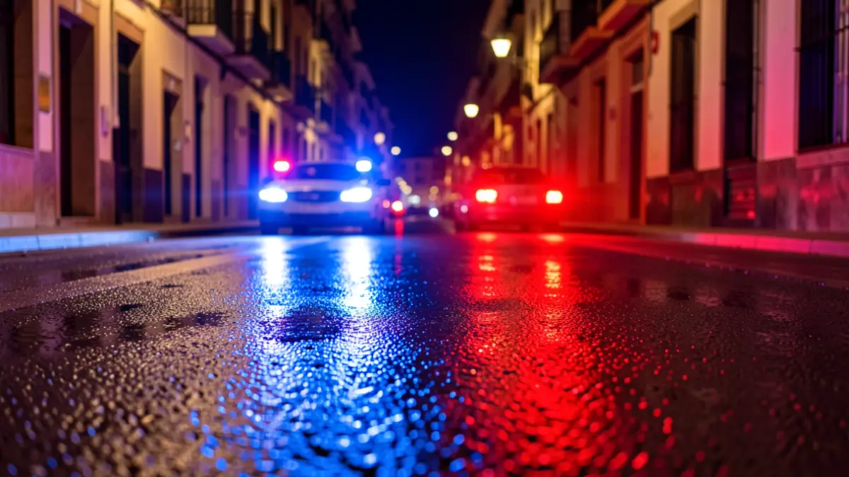 Generic image of police emergency lights reflecting on wet asphalt at night.