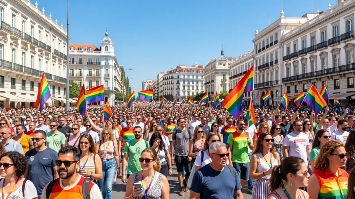 Imagen genérica de una manifestación del Orgullo LGTBI+ en Madrid con banderas arcoíris y gente celebrando.