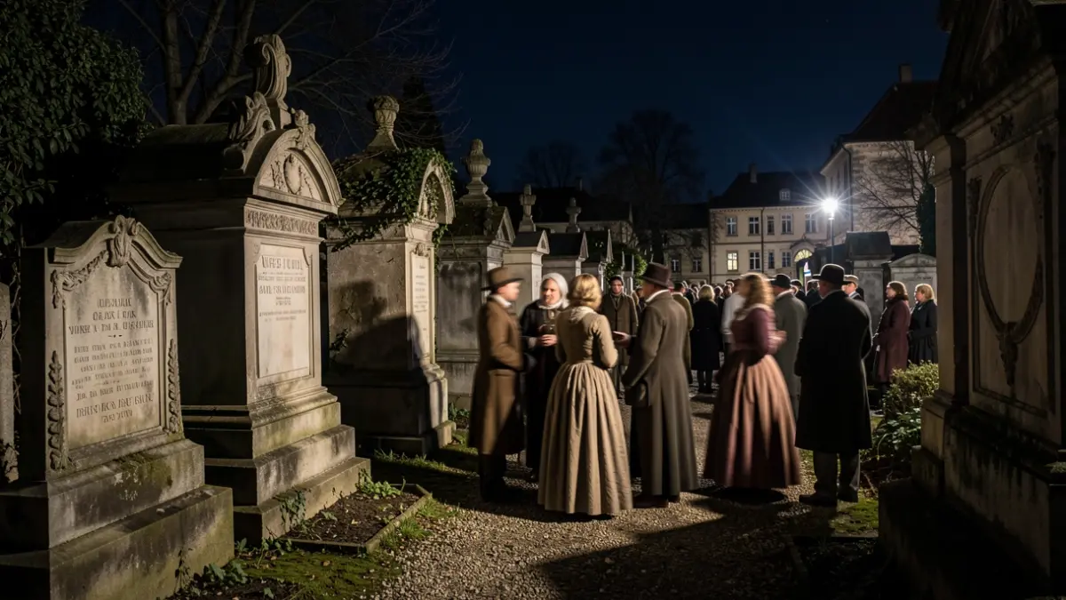 Imagen genérica de una visita teatralizada nocturna en un cementerio histórico con iluminación atmosférica.