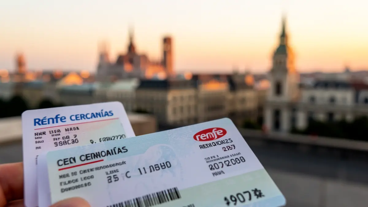 Close-up of a Renfe Cercanías ticket with the Madrid skyline blurred in the background.
