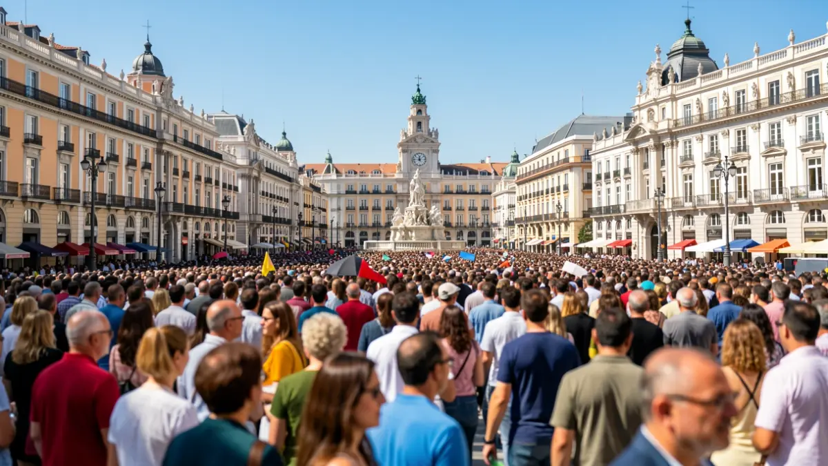 Imagen genérica de una multitud en una plaza de Madrid durante un evento multitudinario.