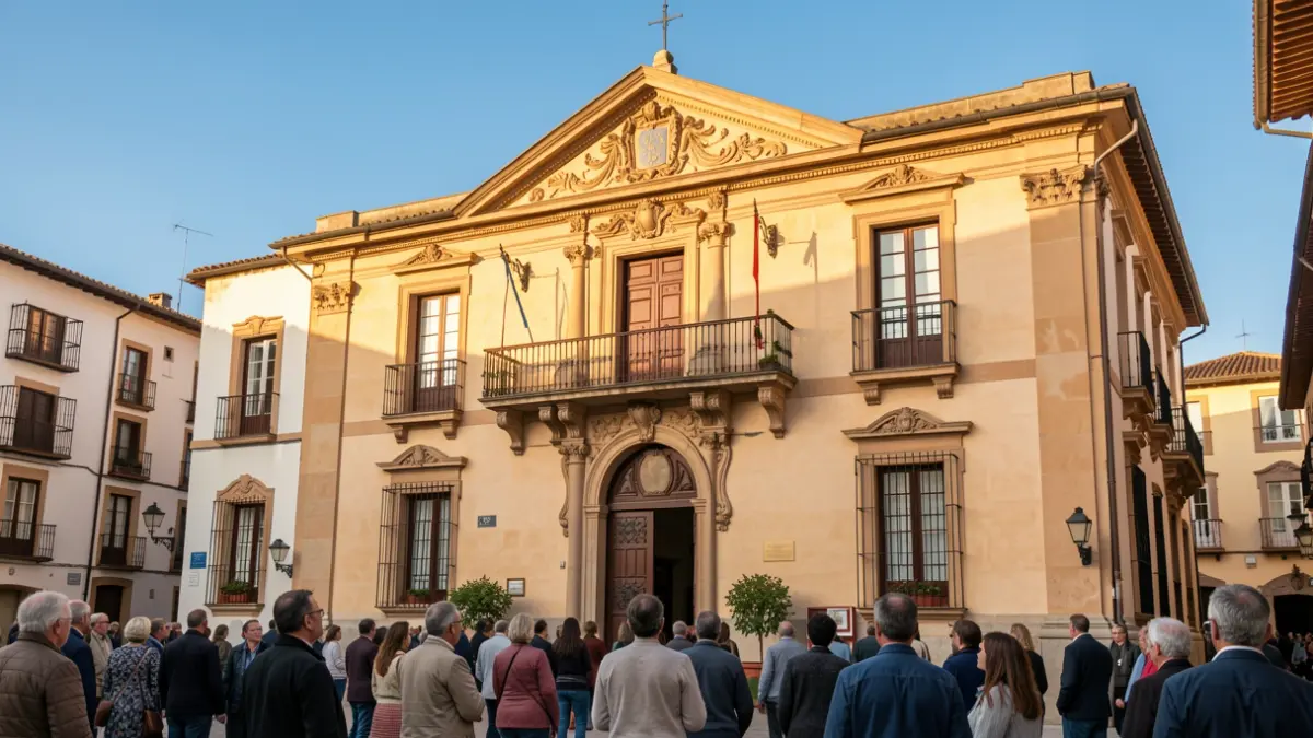 Facade of a Spanish town hall with a balcony and ornate details, under a clear blue sky.