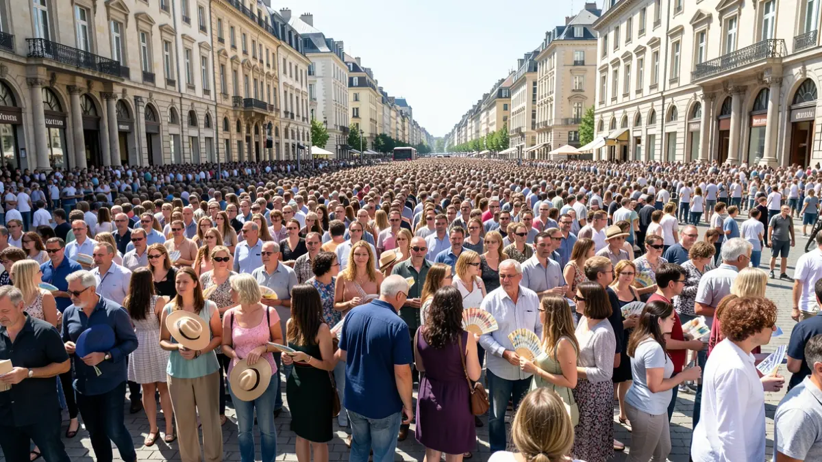 Imagen genérica de una multitud en una plaza urbana bajo el sol, con personas sosteniendo sombreros y abanicos.