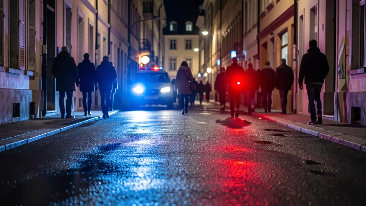 Generic image of police emergency lights reflecting on asphalt at night.