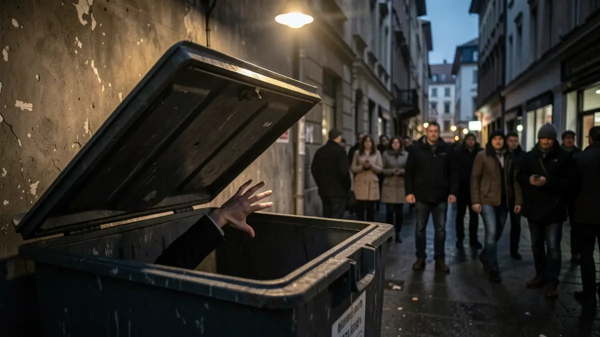 Image of an underground dumpster with a hand emerging from it.