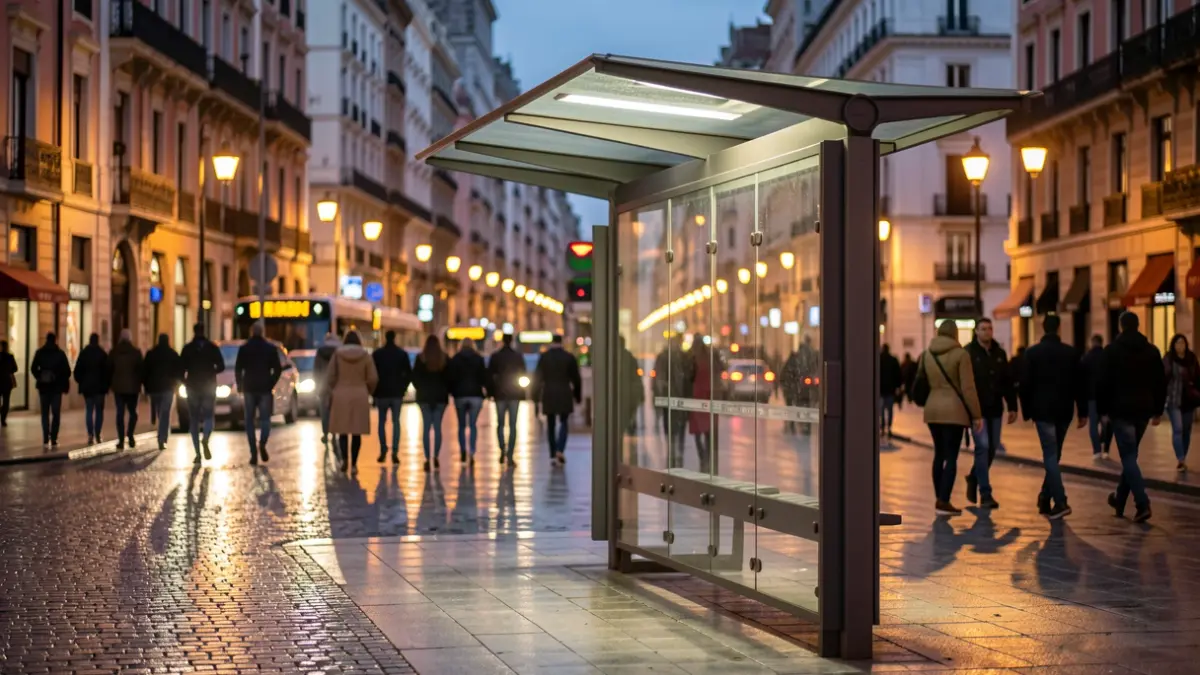 Imagen genérica de una parada de autobús en Madrid al atardecer.