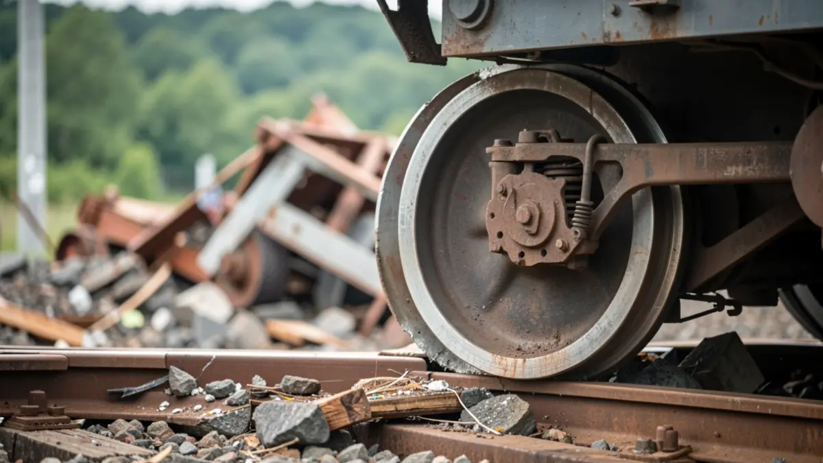 Image of a freight train derailed on the tracks.