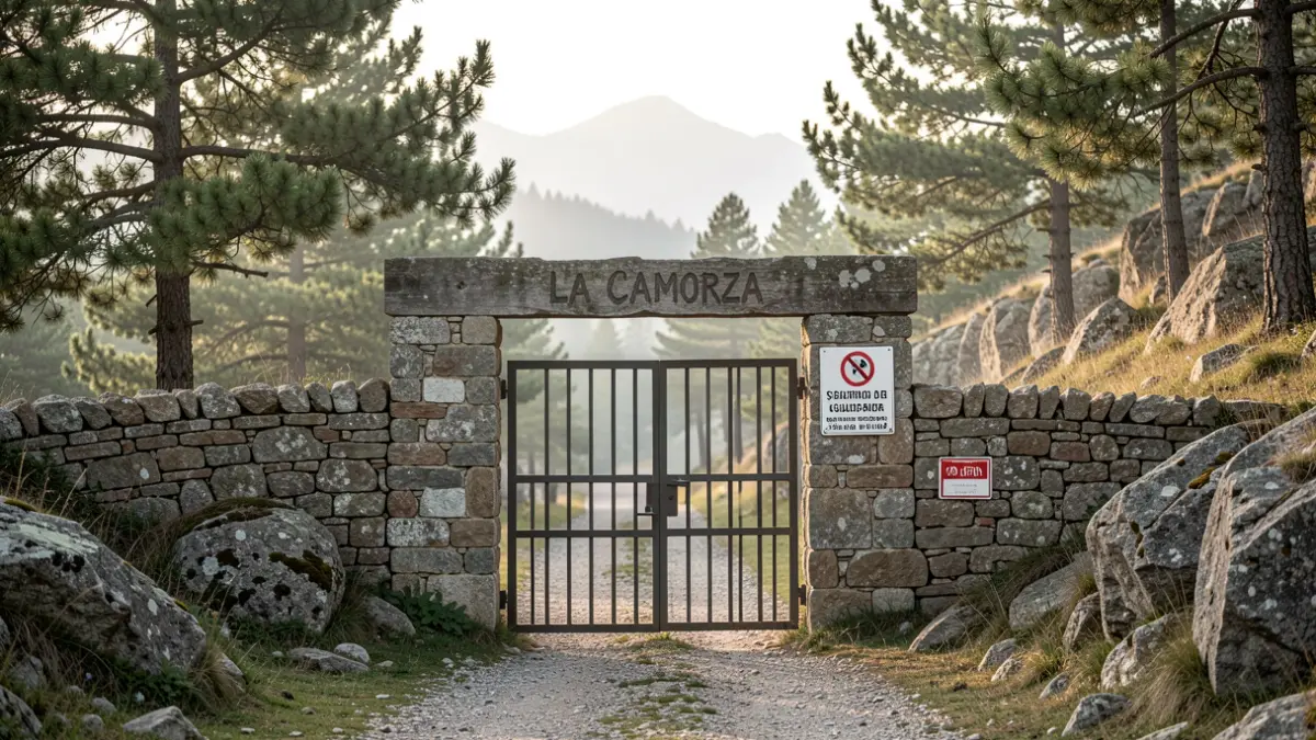 Closed access barrier at La Pedriza, Sierra de Guadarrama, with restriction signs.