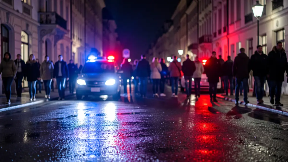 Imagen genérica de luces de emergencia policiales reflejándose en el asfalto mojado por la noche.