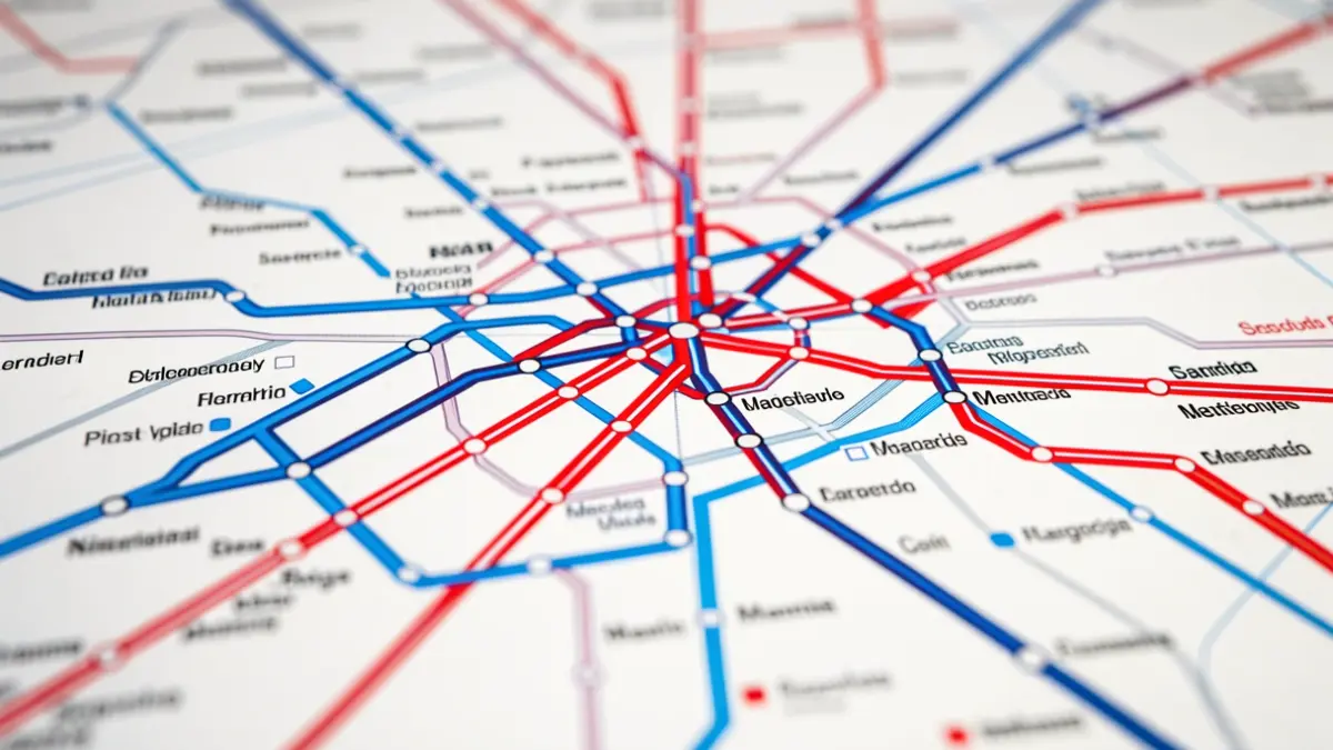Mapa estilizado de una red de metro metropolitana con líneas interconectadas.