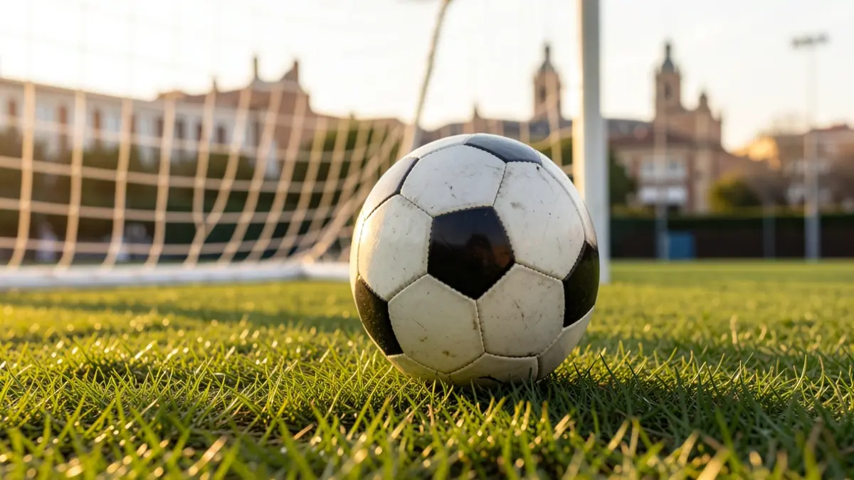 Imagen genérica de un balón de fútbol sobre césped con la red de portería desenfocada.