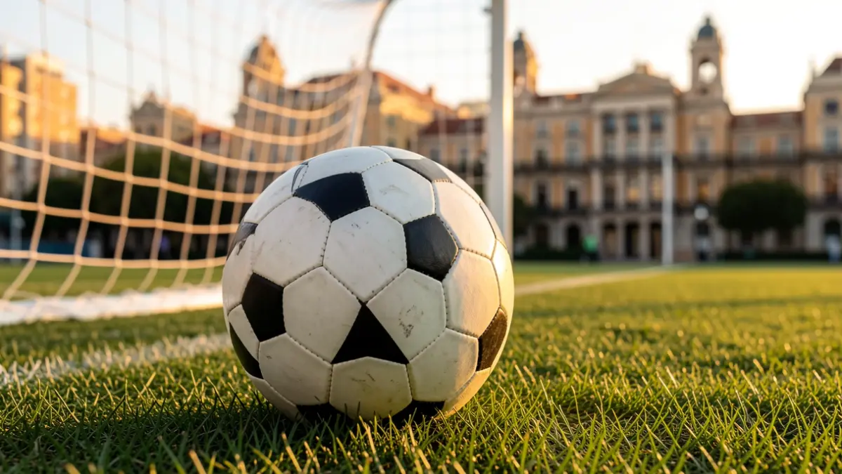 Generic image of a soccer ball on grass with Madrid urban architecture in the background.