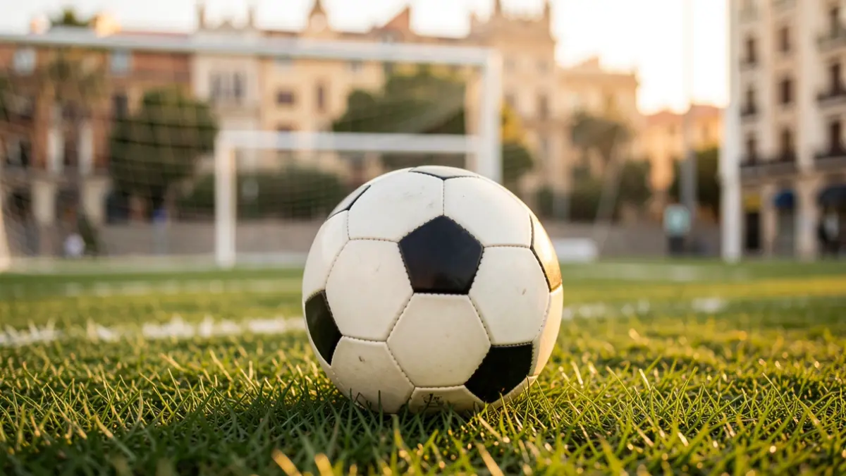 Close-up of a soccer ball on grass with the goal net blurred at sunset.