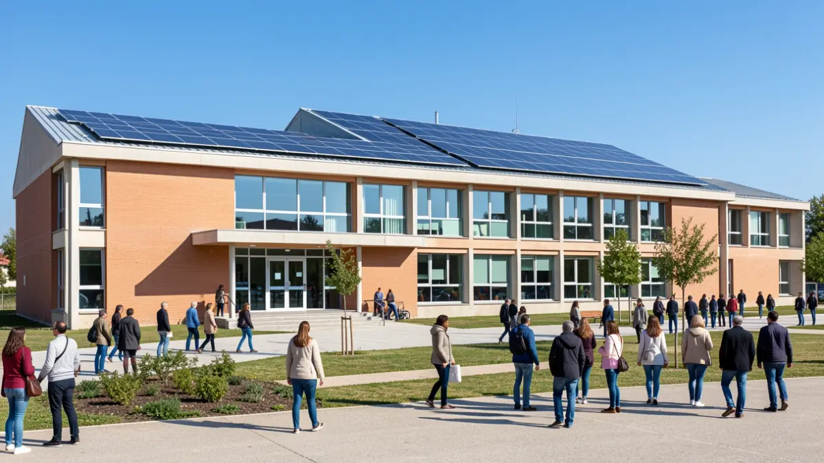 Generic image of a public school in Rivas-Vaciamadrid with solar panels.