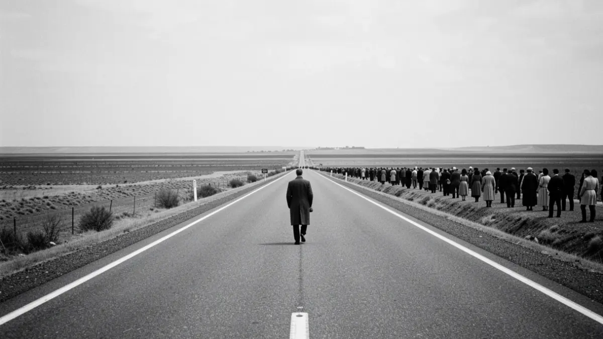 Black and white photograph of a solitary figure on a desolate American highway.