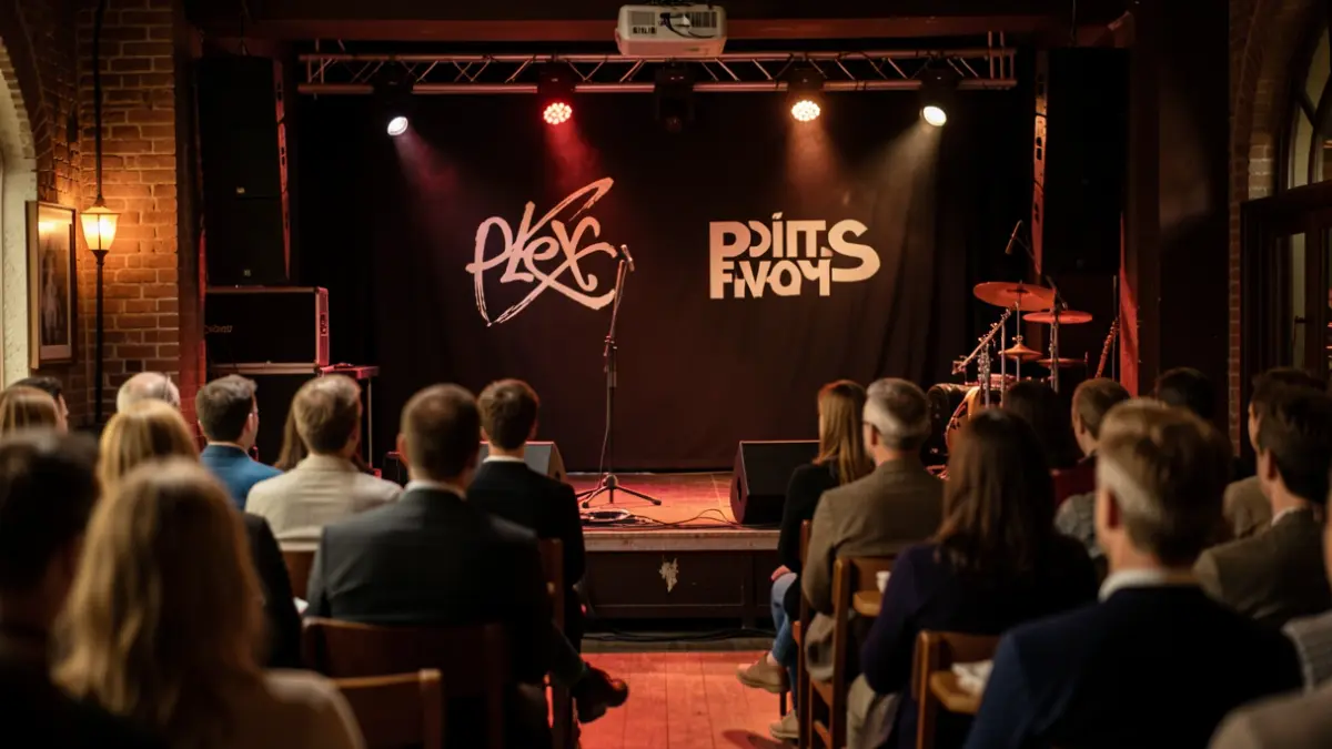 Interior de una sala de conciertos con un escenario preparado para dos bandas, con sus logos visibles.