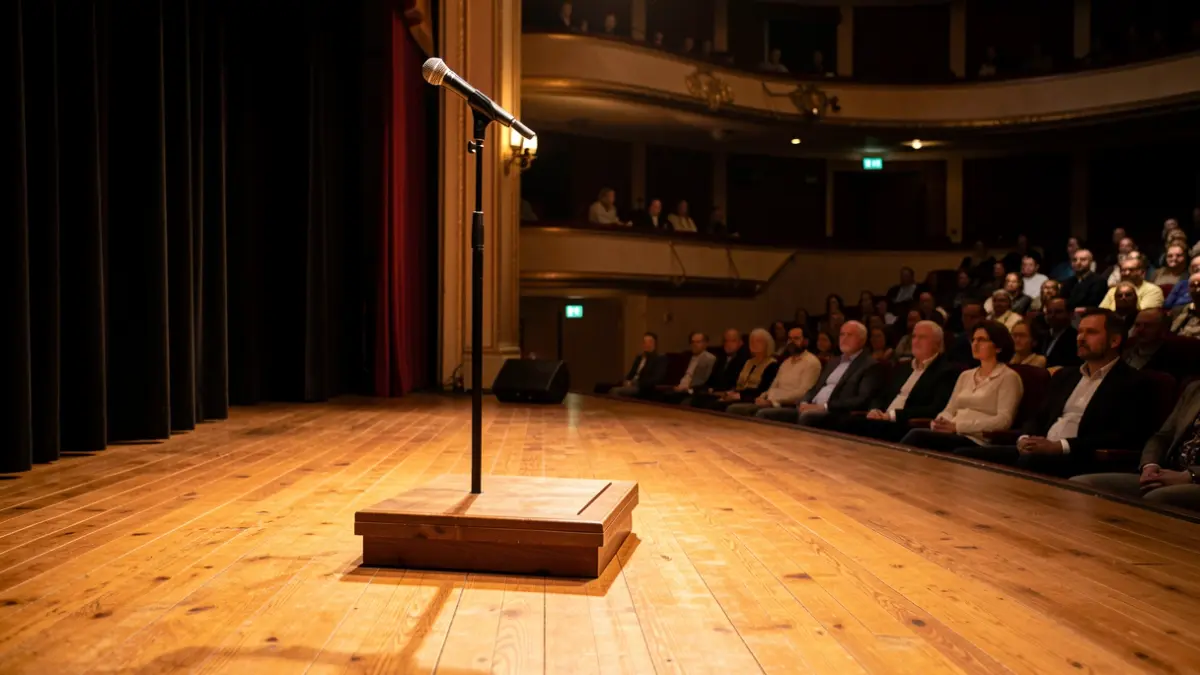 Escenario de teatro con iluminación cálida y un micrófono, preparado para una representación cultural.