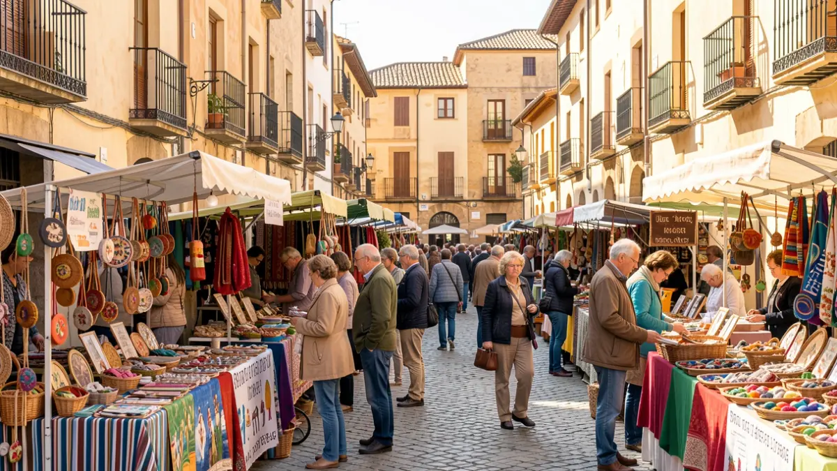 Imagen genérica de un mercadillo solidario en una plaza española con puestos informativos y gente interactuando.