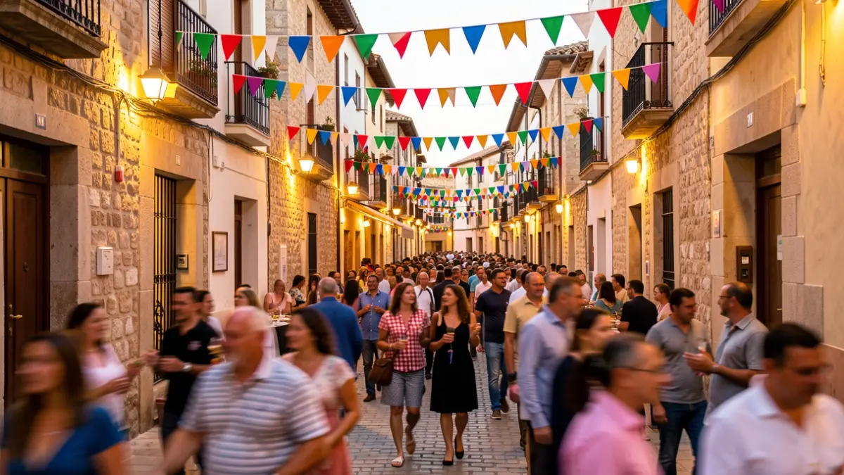 Imagen genérica de una fiesta popular en un pueblo español con ambiente festivo y arquitectura tradicional.