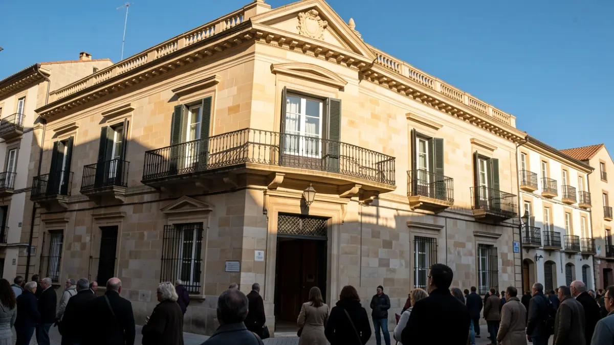 Fachada de un ayuntamiento español con arquitectura clásica, balcón ornamentado y barandillas de hierro, bajo la luz del sol de la tarde.