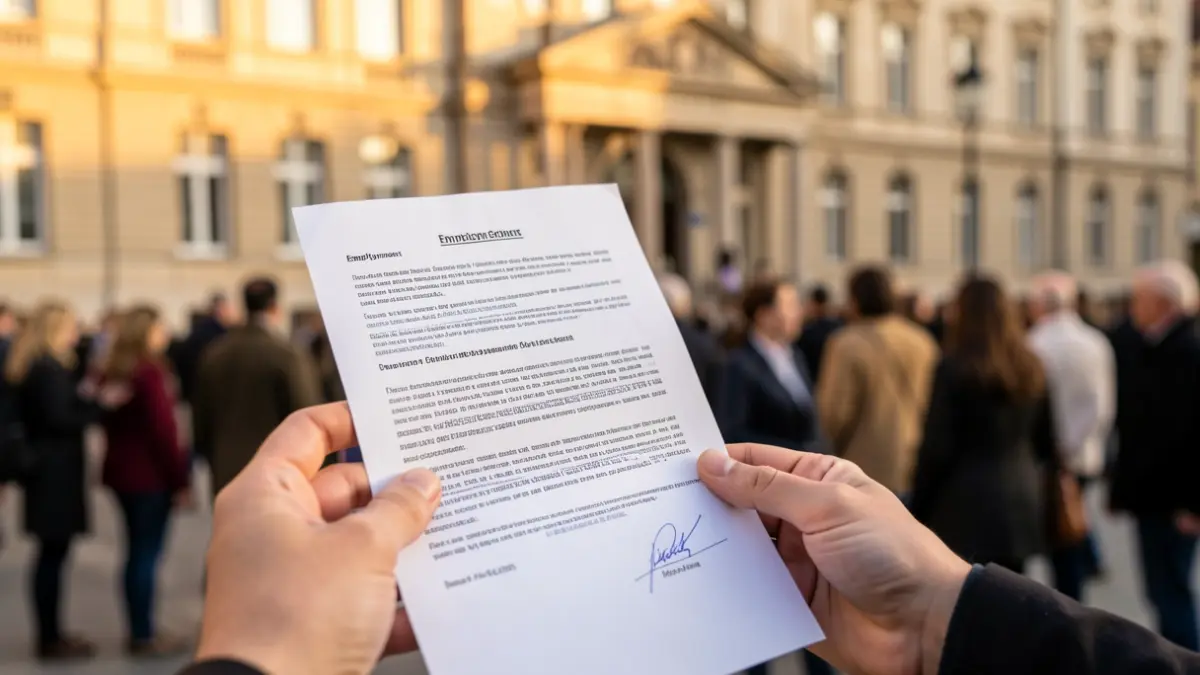 Imagen genérica de un contrato de empleo con un edificio municipal al fondo.