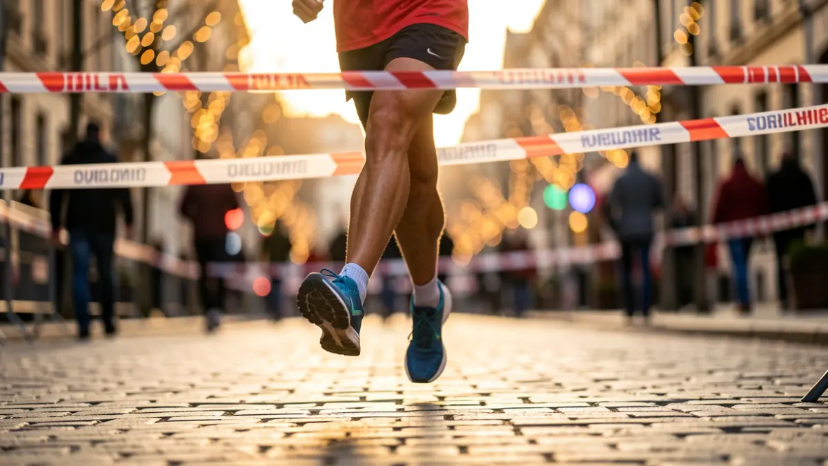 Close-up of runner's feet crossing a finish line in a festive urban setting.