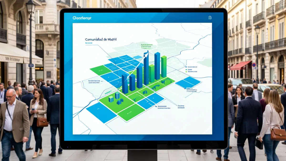 Imagen genérica de una interfaz digital mostrando un mapa de la Comunidad de Madrid con terrenos disponibles para inversión.