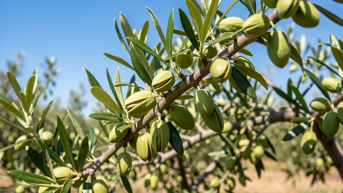 Imagen de árboles de pistacho ecológico con frutos maduros en una plantación.