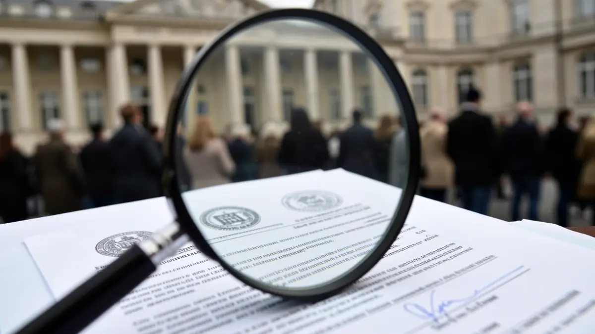 Close-up of a legal document with official seals and signatures, partially obscured by a magnifying glass, with a blurred government building facade in the background.