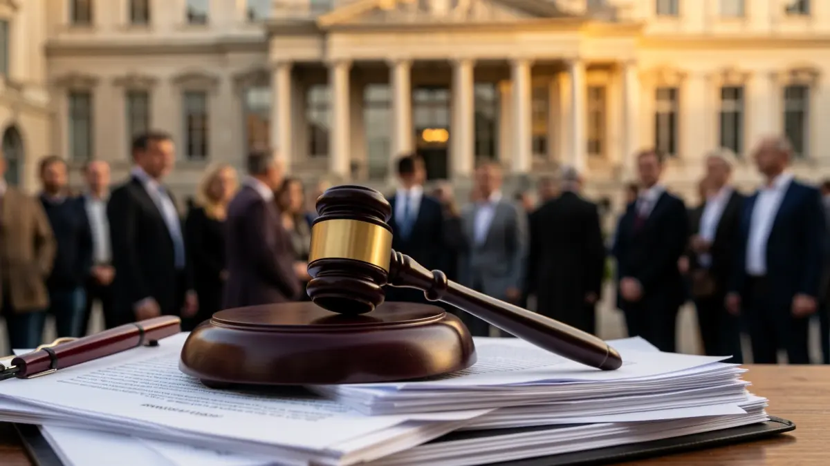 Close-up of a judge's gavel on legal documents with a blurred government building in the background.