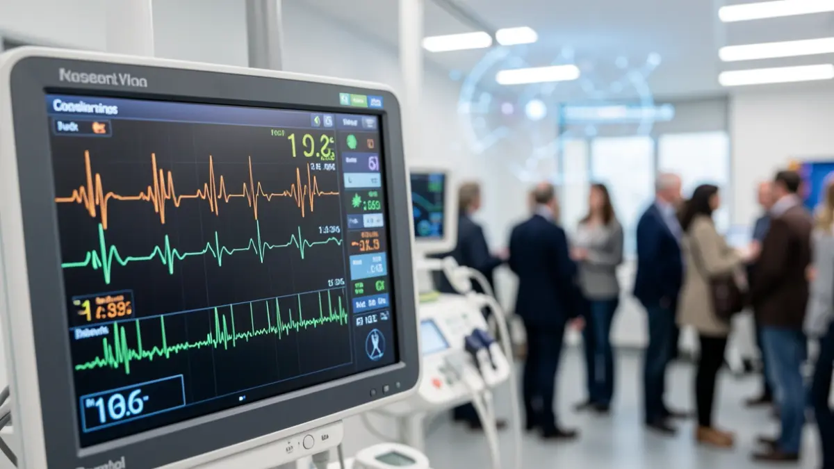 Imagen genérica de una pantalla de monitorización cardiológica con gráficos y luces de inteligencia artificial.