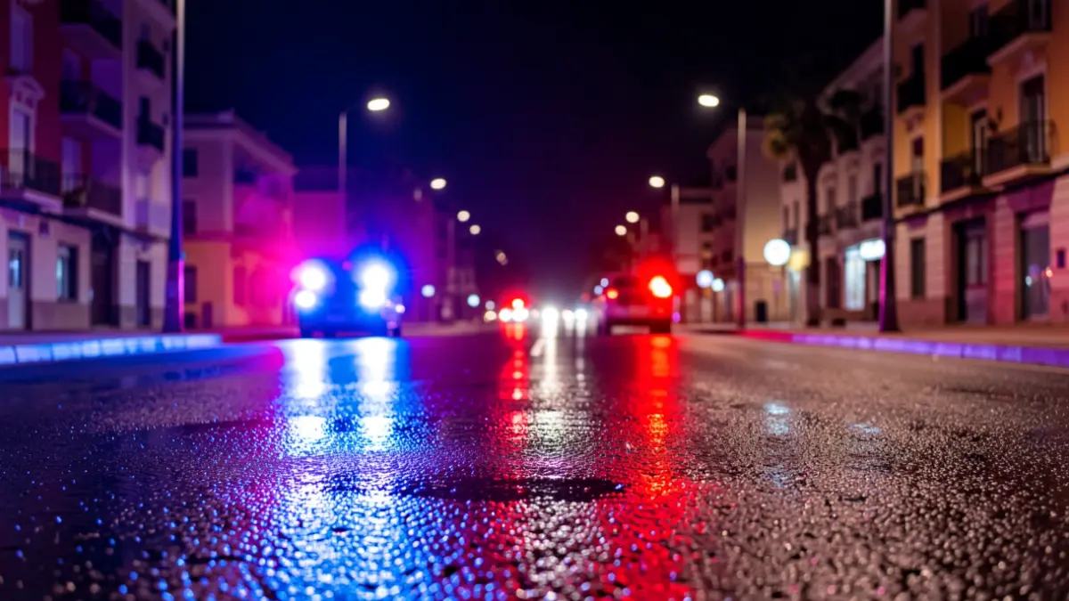 Generic image of police emergency lights reflecting on wet asphalt at night.