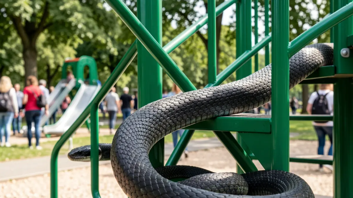 Imagen de una serpiente de escalera oscura moviéndose entre el mobiliario de un parque infantil.