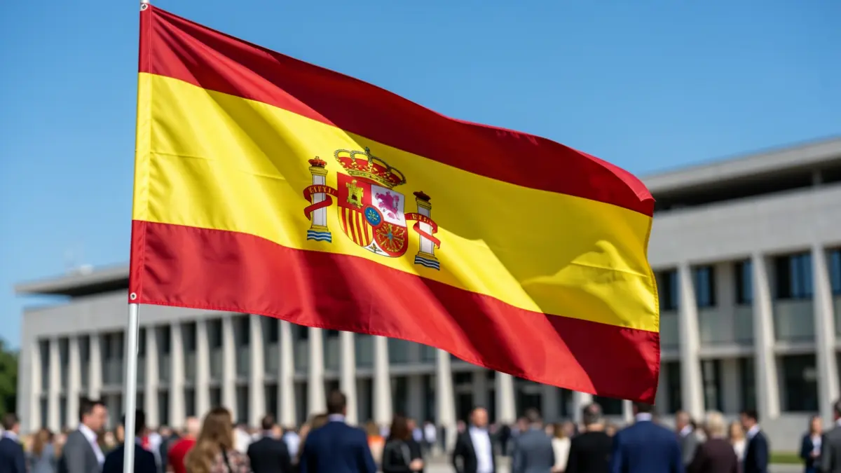 Bandera de España ondeando frente a un edificio gubernamental.