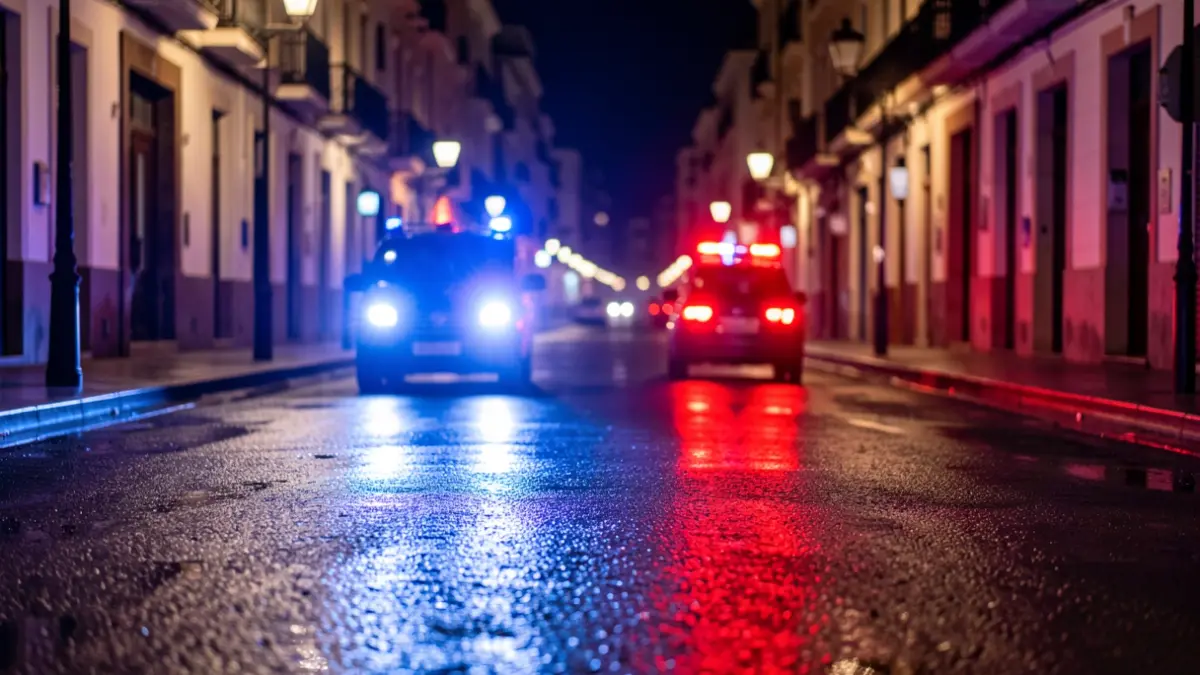 Generic image of police emergency lights reflecting on wet asphalt at night.