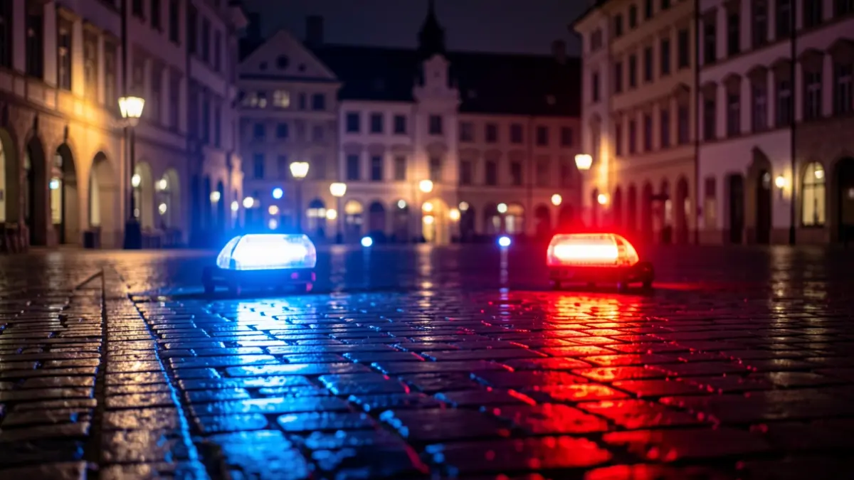Generic image of police emergency lights reflecting on wet asphalt at night.