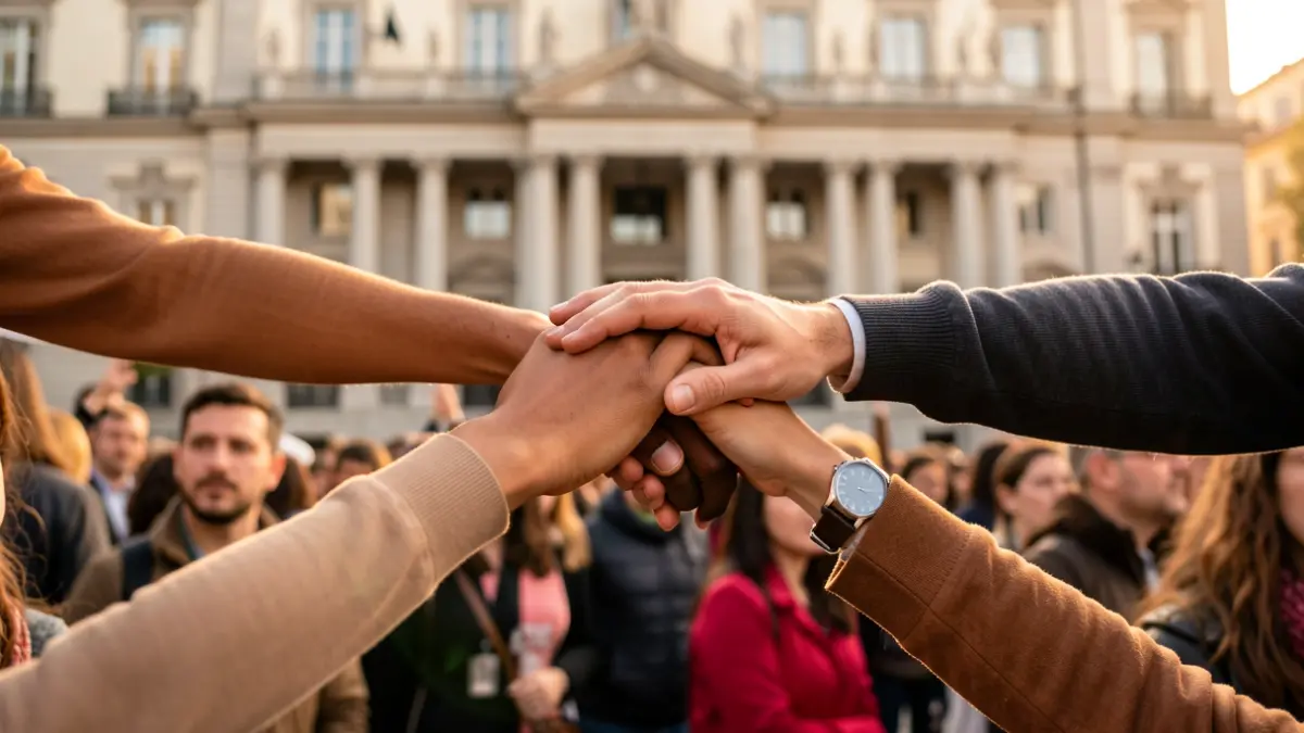 Hands united in front of a government building in Madrid.