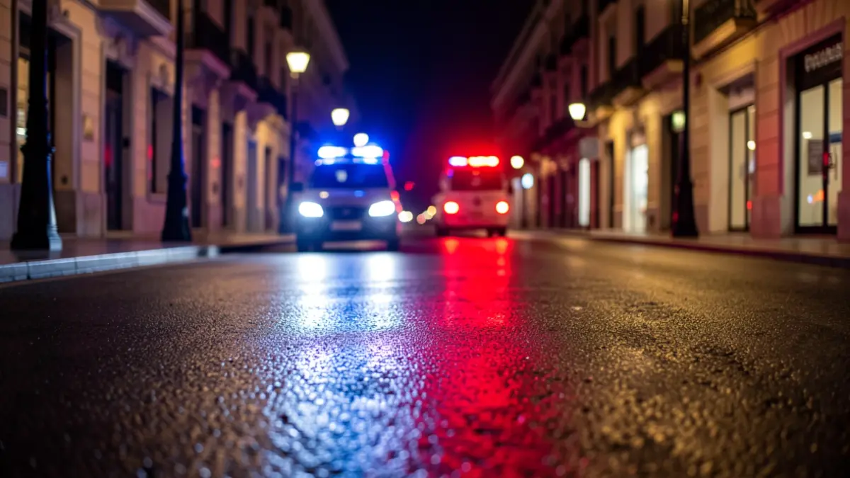 Imagen genérica de luces de emergencia policiales reflejándose en el asfalto mojado por la noche.