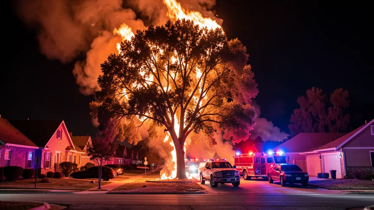Imagen de una arizónica ardiendo por la noche, con llamas amenazando propiedades cercanas.
