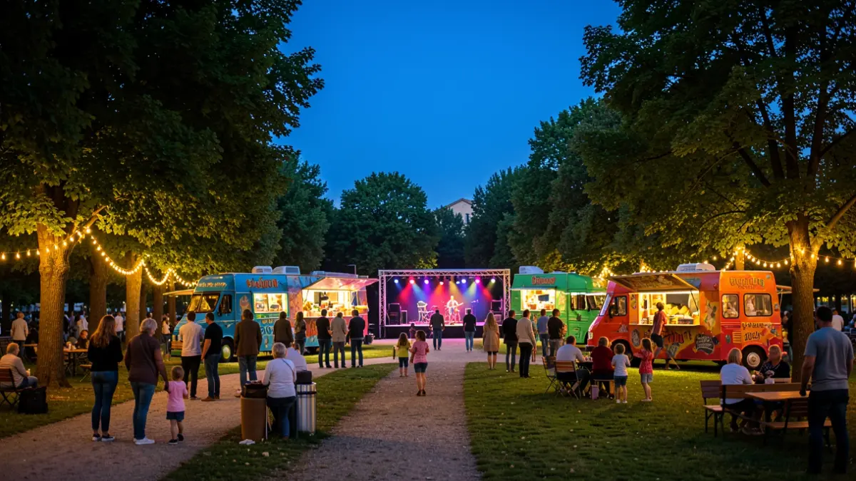 Generic image of a park with food trucks and a stage at dusk.