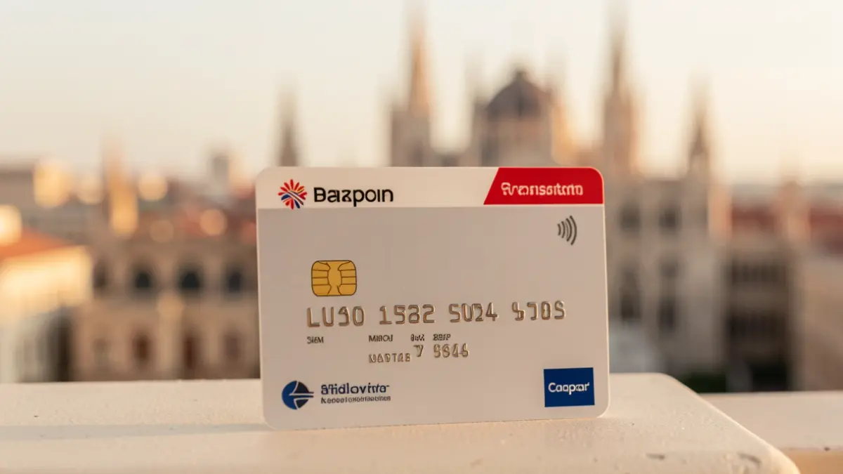 Madrid public transport card with the city skyline out of focus in the background.